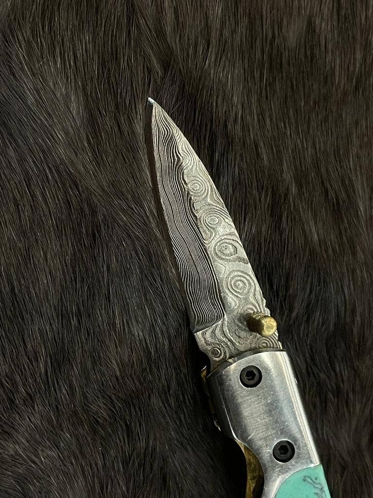 AzureGlide Damascus Steel Turquoise (Resin) Pocket Knife