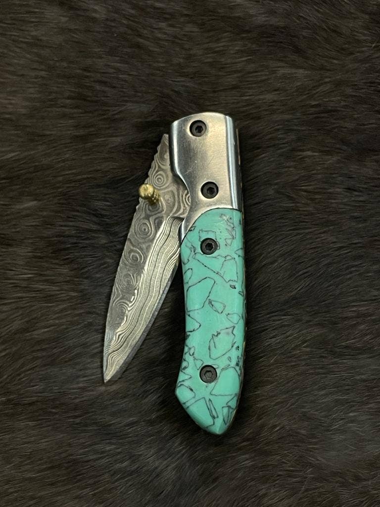 AzureGlide Damascus Steel Turquoise (Resin) Pocket Knife