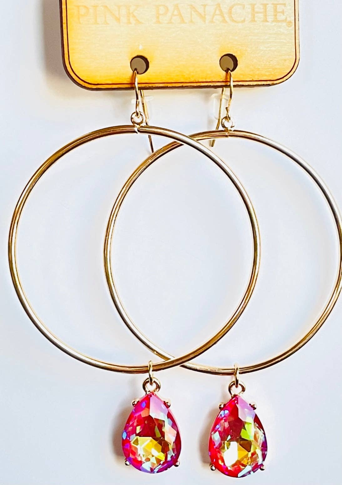 Iridescent pink rhinestone teardrop, gold circle earring, last call