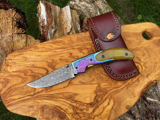 Damasucs Pocket Knife exquisite engraved bolster by Titan TF